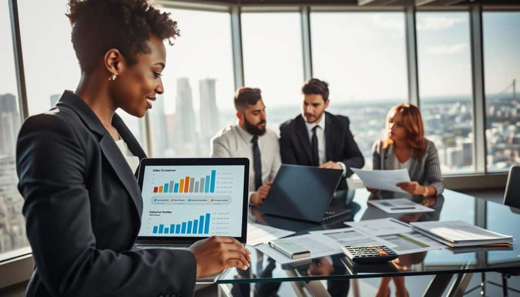 A business meeting scene in a modern office setting focusing on a diverse group of professionals discussing financial documents. In the foreground, a confident Black woman in smart business attire is pointing to a chart illustrating seller concessions on a laptop screen. In the middle, a diverse group including a Hispanic man and a Caucasian woman are engaged in conversation, reviewing paperwork on a glass table filled with calculators and financial statements. The background features large windows with natural sunlight streaming in, giving a bright and inviting atmosphere. A city skyline is visible outside, enhancing the professional environment. The lighting is warm and soft, evoking a feeling of collaboration and understanding. The angle is slightly above eye level, capturing both the subjects and their workspace effectively.