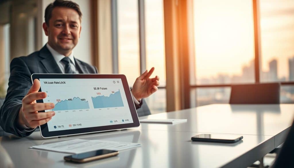 A close-up of a professional setting showing a VA loan rate lock presentation. In the foreground, a confident financial advisor in business attire gestures towards a digital tablet displaying fluctuating graphs and numbers related to VA loan rates. The middle area features a sleek, modern conference table with documents and a smartphone, representing the tools of decision-making. In the background, a large window reveals a bright sky, symbolizing hope and opportunity, with a faint silhouette of a city skyline. The lighting is warm and inviting, highlighting the advisor's earnest expression. The overall mood is one of calm professionalism and confidence, suggesting strategic timing in financial decisions.