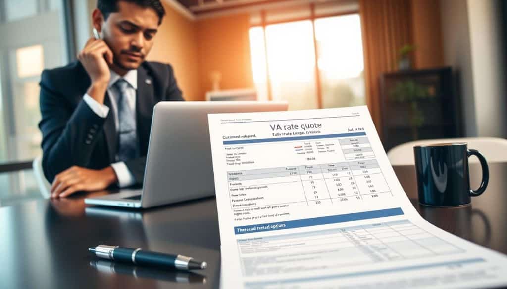 A close-up scene featuring a professional business setting, focused on a customized VA rate quote on a sleek modern desk. In the foreground, a detailed, colorful document displaying a VA loan rate quote with clear sections for interest rates, terms, and personalized options. To the left, a professional wearing formal business attire examines the quote thoughtfully, showcasing a diverse individual with a focused expression. In the middle ground, a laptop with financial graphs open and a stylish pen rests beside a coffee mug. The background reveals a warm-lit office with soft natural light filtering through a large window, creating an inviting atmosphere. Overall mood is professional, informative, and encouraging, ideal for discussing financial opportunities.
