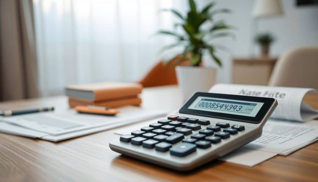 A close-up view of a professional calculator displaying a monthly payment figure prominently on its screen, placed on a sleek wooden desk. Surrounding the calculator are neatly organized financial documents, such as loan statements and a mortgage application, conveying a sense of order and readiness. In the background, a subtle blur of a modern office setting with soft, diffused lighting creates a welcoming and focused atmosphere. A potted plant adds a touch of warmth and life to the scene. The overall mood is one of professionalism and clarity, highlighting the importance of understanding monthly payments in the home loan qualification process. The image should be captured with a shallow depth of field, emphasizing the calculator in the foreground while softly fading the background. A close-up view of a professional calculator displaying a monthly payment figure prominently on its screen, placed on a sleek wooden desk. Surrounding the calculator are neatly organized financial documents, such as loan statements and a mortgage application, conveying a sense of order and readiness. In the background, a subtle blur of a modern office setting with soft, diffused lighting creates a welcoming and focused atmosphere. A potted plant adds a touch of warmth and life to the scene. The overall mood is one of professionalism and clarity, highlighting the importance of understanding monthly payments in the home loan qualification process. The image should be captured with a shallow depth of field, emphasizing the calculator in the foreground while softly fading the background.