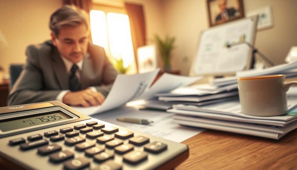 A conceptual illustration of "Total Cost" in home refinancing, featuring a detailed calculator with visible numbers showcasing interest rates and points. In the foreground, a person in business attire, analyzing documents related to APR and closing costs, leans over the calculator, highlighting a serious, focused expression. In the middle ground, a desk cluttered with sheets of financial documents, a pen, and a cup of coffee, creating a professional ambiance. The background features a softly blurred office environment with warm, natural lighting streaming through a window, hinting at a pleasant, productive atmosphere. A sense of clarity and purpose pervades, making the viewer feel informed and engaged in the refinancing process.