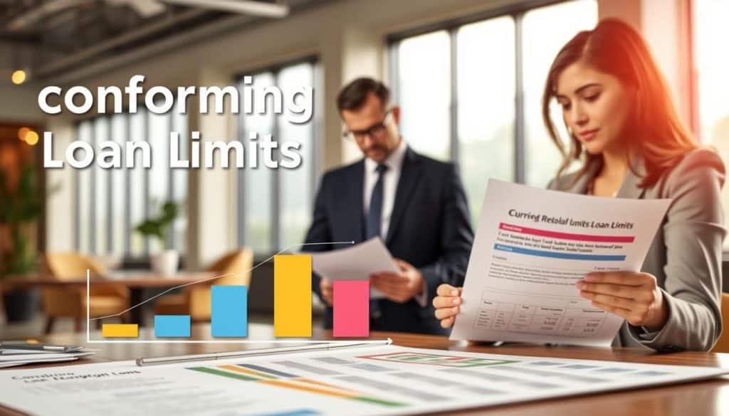 A detailed illustration of a financial concept visually representing "conforming loan limits" in the context of Jumbo loans. In the foreground, showcase a stylized financial chart with key figures and graphs highlighting current Jumbo loan limits, depicted with different colors for clarity. In the middle ground, include a professional-looking financial advisor in business attire, thoughtfully analyzing a document. The background should feature a modern office setting with large windows letting in soft, natural light, creating an inviting atmosphere. Use a shallow depth of field to keep the focus on the advisor and the chart, while the office environment subtly fades. Aim for a polished, educational vibe that captures attention without overwhelming detail. A detailed illustration of a financial concept visually representing "conforming loan limits" in the context of Jumbo loans. In the foreground, showcase a stylized financial chart with key figures and graphs highlighting current Jumbo loan limits, depicted with different colors for clarity. In the middle ground, include a professional-looking financial advisor in business attire, thoughtfully analyzing a document. The background should feature a modern office setting with large windows letting in soft, natural light, creating an inviting atmosphere. Use a shallow depth of field to keep the focus on the advisor and the chart, while the office environment subtly fades. Aim for a polished, educational vibe that captures attention without overwhelming detail.