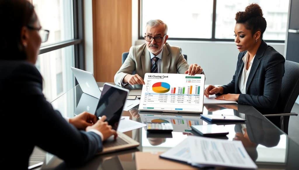 A detailed scene depicting a professional financial meeting related to VA loan closing costs. In the foreground, a diverse group of three individuals in business attire are seated around a sleek conference table filled with documents, calculators, and a laptop open to a financial spreadsheet. In the middle, a focused financial expert points at a pie chart showcasing budget allocations for closing costs, while another person takes notes. The background features a modern office setting with a large window allowing soft, natural light to illuminate the room, creating a calm atmosphere. The overall mood conveys professionalism and collaboration, highlighting the importance of budgeting and understanding closing costs in today's market.