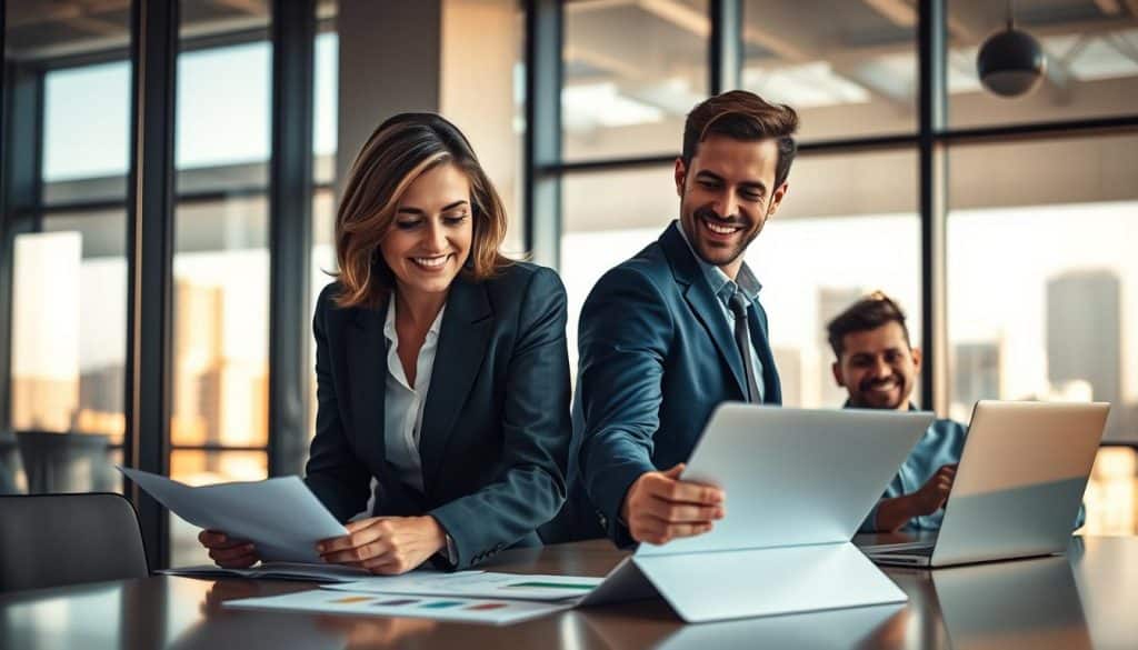 A dynamic scene showcasing a mortgage broker and a mortgage lender in a modern office environment. In the foreground, the mortgage broker is a middle-aged woman in a professional business suit, attentively reviewing documents with a client over a conference table. The lender, a young man in smart casual attire, is seated with a laptop, smiling as he explains financing options. In the background, a large window reveals a cityscape bathed in warm, natural light. The mood reflects professionalism and collaboration, with soft shadows adding depth. The focus is on the interaction, capturing the essence of financial advisory work. Use a slight depth of field to highlight the subjects while softly blurring the background for a polished look.
