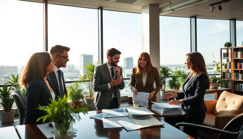 A modern office environment depicting a team of professionals discussing USDA guaranteed loans. In the foreground, a diverse group of three individuals in professional business attire, engaged in a friendly conversation, with charts and loan documents spread across a table. The middle ground features a large window showcasing a sunny Jacksonville skyline, emphasizing a sense of opportunity. The background includes a tasteful, well-lit office space with potted plants and bookshelves filled with financial literature, giving a dynamic, welcoming atmosphere. The lighting is soft and natural, creating a warm and inviting mood, with subtle reflections on the glass. Shot with a slightly wide-angle lens to capture depth and a professional ambiance.