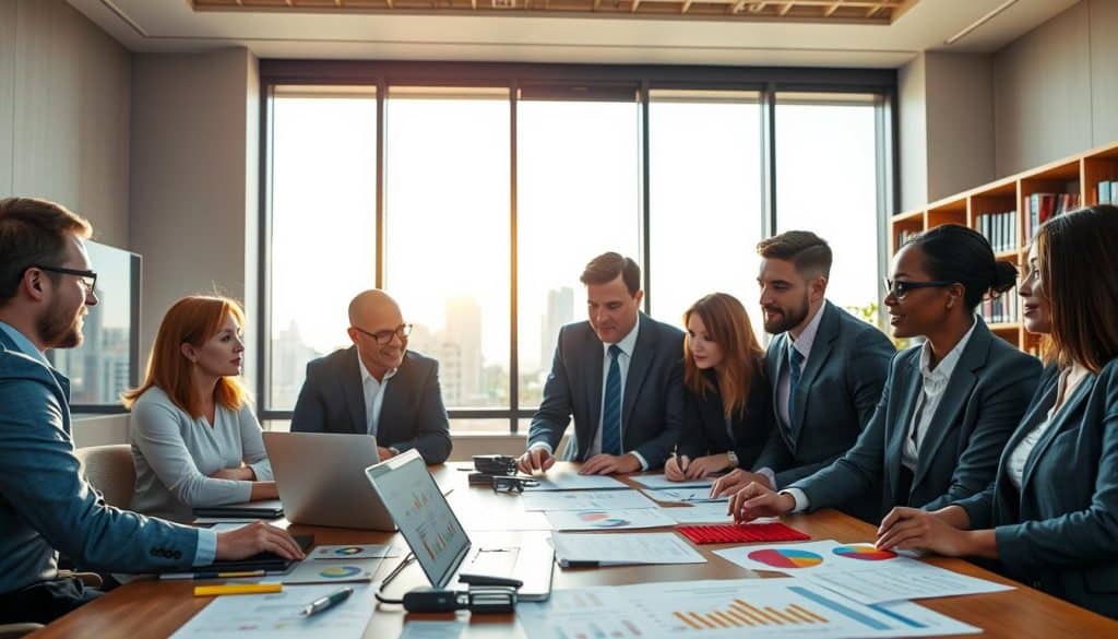 A modern office workspace featuring a large table with financial documents, charts, and a laptop displaying mortgage options. In the foreground, a diverse group of professionals dressed in smart business attire are engaged in discussion, examining various mortgage plans. The middle ground includes a large window with city views, showcasing a bright, sunny day, enhancing the atmosphere of optimism. In the background, a subtle bookshelf filled with financial literature adds depth. The lighting is warm and natural, creating an inviting ambiance. The image conveys a sense of professionalism, collaboration, and strategic thinking in the realm of mortgage solutions, emphasizing smart decision-making.