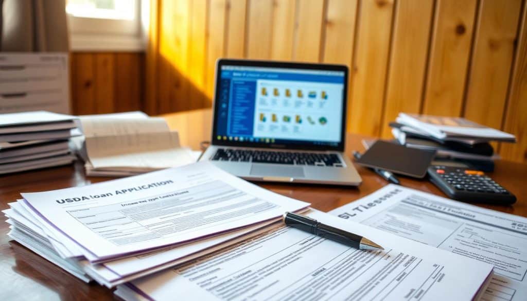 A neatly organized desk scene showcasing a variety of application documents related to USDA loans. In the foreground, focus on a collection of paper forms, such as loan applications, income verification, and credit history reports, neatly stacked or spread open. Include a pen and a calculator, emphasizing the professional setting. The middle ground features a laptop displaying a file management system, suggesting a digital organization of documents. In the background, a wood-paneled wall adds warmth, softly illuminated by natural light streaming through a window, creating a sense of productivity and calm. The overall atmosphere is one of professionalism and preparedness, ideal for potential loan applicants. A neatly organized desk scene showcasing a variety of application documents related to USDA loans. In the foreground, focus on a collection of paper forms, such as loan applications, income verification, and credit history reports, neatly stacked or spread open. Include a pen and a calculator, emphasizing the professional setting. The middle ground features a laptop displaying a file management system, suggesting a digital organization of documents. In the background, a wood-paneled wall adds warmth, softly illuminated by natural light streaming through a window, creating a sense of productivity and calm. The overall atmosphere is one of professionalism and preparedness, ideal for potential loan applicants.