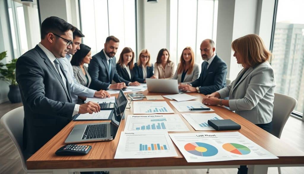 A professional and modern office environment focused on the concept of determining a loan amount. In the foreground, a diverse group of financial professionals in business attire are engaged in a discussion around a large table covered with documents, calculators, and a laptop displaying graphs. The middle ground features clear, opened financial documents with highlighted sections and pie charts depicting loan values. In the background, large windows let in soft, natural light, illuminating the space and creating an inviting atmosphere. The mood is serious yet collaborative, emphasizing expertise in reverse mortgages. The scene is captured from a slightly elevated angle to give a comprehensive view of the workspace, enhancing the sense of professionalism and clarity in the financial process.