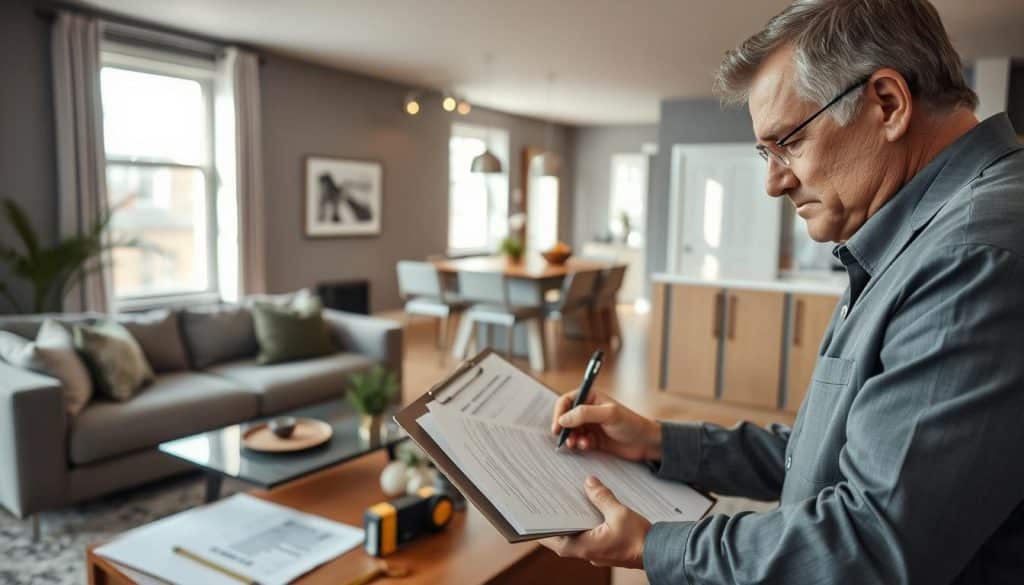 A professional appraiser examining a home interior, focused on a detailed appraisal report and clipboard, surrounded by standard real estate items like a scale ruler and measuring tape. The foreground features the appraiser, a middle-aged person in business attire, with a thoughtful expression, jotting down notes. In the middle ground, there’s a well-lit living room with modern decor—gray walls, a cozy sofa, and a coffee table topped with property documents and a small plant. The background shows an open kitchen with stainless steel appliances, softly illuminated by natural light streaming from a window, creating a warm, inviting atmosphere. The image conveys a sense of professionalism and diligence, embodying the appraisal process in the context of property standards. A professional appraiser examining a home interior, focused on a detailed appraisal report and clipboard, surrounded by standard real estate items like a scale ruler and measuring tape. The foreground features the appraiser, a middle-aged person in business attire, with a thoughtful expression, jotting down notes. In the middle ground, there’s a well-lit living room with modern decor—gray walls, a cozy sofa, and a coffee table topped with property documents and a small plant. The background shows an open kitchen with stainless steel appliances, softly illuminated by natural light streaming from a window, creating a warm, inviting atmosphere. The image conveys a sense of professionalism and diligence, embodying the appraisal process in the context of property standards.