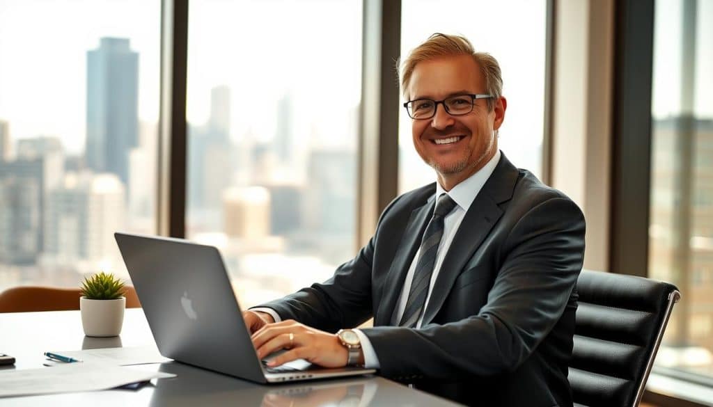 A professional mortgage broker in a modern office setting. The broker, a middle-aged individual wearing a tailored business suit, is seated at a sleek desk with financial documents and a laptop open in front of them. The desk is organized, with a coffee cup and a small plant adding warmth to the scene. In the background, a window reveals a city skyline, bathed in soft natural light that creates a welcoming atmosphere. The focus is on the broker engaging with a client, displaying a confident and approachable demeanor. Use a shallow depth of field to subtly blur the background, emphasizing the professional interaction. The overall mood is one of trust, expertise, and calm professionalism. The lighting should be bright yet soft, highlighting the broker's friendly expression.