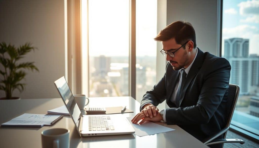 A professional office setting featuring a modern workstation with a laptop displaying a mortgage payment calculator. In the foreground, an individual in business attire is intently analyzing figures on the screen, showcasing a focused expression. The middle layer includes a neatly organized desk with financial documents, a calculator, and a coffee mug, creating an ambiance of productivity. In the background, a large window reveals a sunny view of Jacksonville, FL, with a hint of the city skyline. Soft, natural lighting floods the scene, highlighting the details of the workspace, while a warm atmosphere evokes a sense of diligence and financial responsibility. The composition is framed to give depth, using a shallow depth of field to keep the foreground sharp and the background slightly blurred.