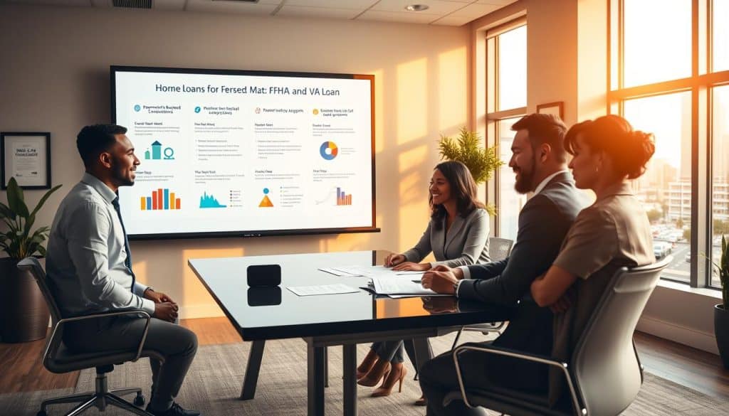 A professional setting showcasing a cozy, inviting office space dedicated to home loan consultations, with a focus on Government-Backed FHA and VA loan programs. In the foreground, a diverse group of four individuals dressed in professional business attire, discussing paperwork at a modern conference table. The middle features a large presentation screen displaying key benefits of FHA and VA programs, with colorful graphs and charts. The background includes large windows letting in warm, natural light, revealing a view of Jacksonville's skyline, creating an atmosphere of opportunity and support. Soft, ambient lighting enhances a welcoming mood, while subtle decorative elements like plants and framed certificates suggest professionalism and trust.