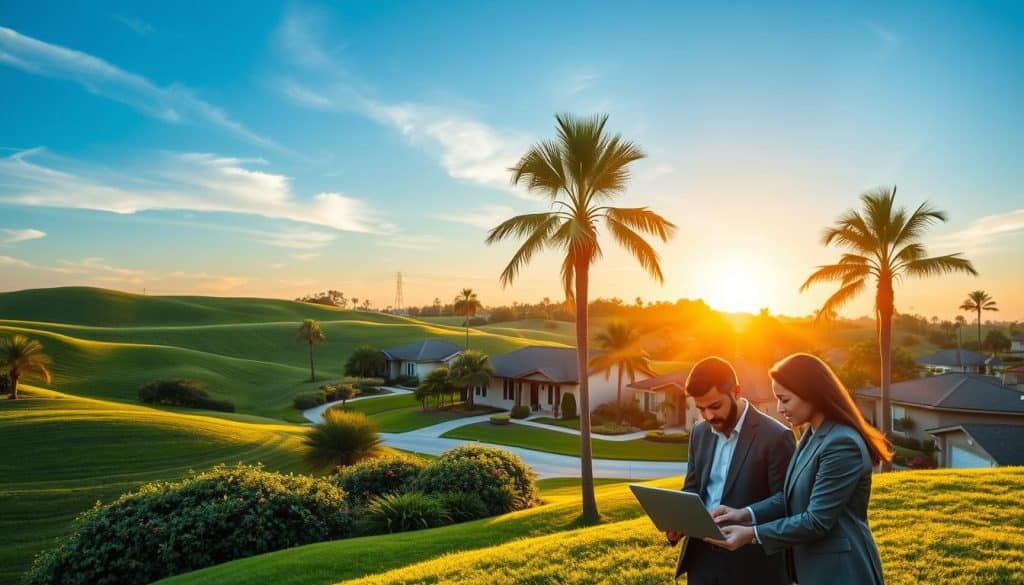 A serene Florida landscape with rolling green hills and palm trees under a bright blue sky, showcasing a quaint suburban neighborhood. In the foreground, a diverse group of individuals dressed in professional business attire, discussing over a laptop, symbolizing guidance in the USDA loan process. The middle ground features cozy single-family homes that embody the American dream, surrounded by lush gardens and vibrant flowers. The background includes a clear view of the sun setting, casting a warm golden glow over the scene, creating a sense of hope and opportunity. The lighting is soft and inviting, evoking a sense of community and trust. The overall atmosphere is positive and uplifting, emphasizing eligibility and accessibility in home financing.