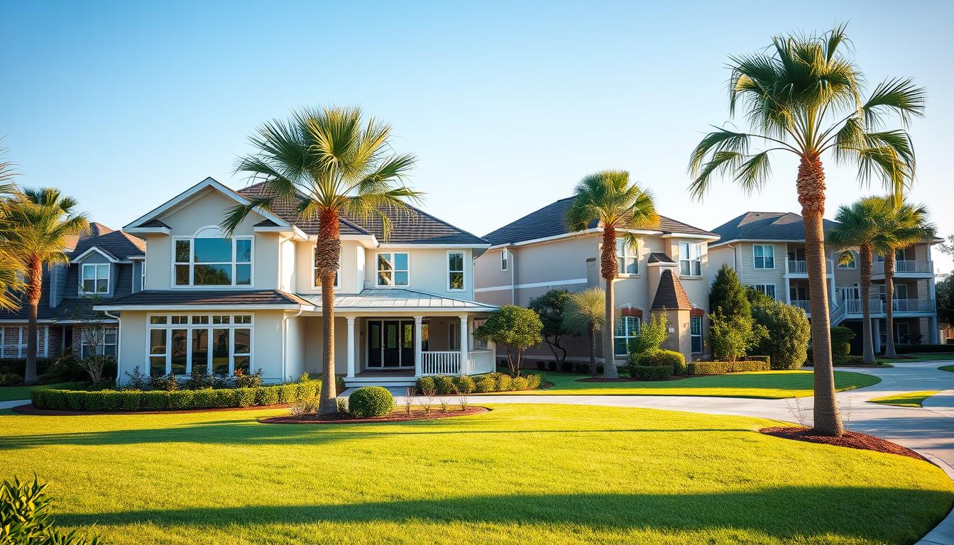 A serene, elegant suburban neighborhood in Jacksonville, FL, showcasing a variety of eligible property types for jumbo mortgages. In the foreground, a stunning, large single-family home with a well-maintained lawn, featuring modern architectural elements like large windows, a spacious porch, and manicured landscaping. In the middle ground, showcase a duplex and a townhome, both well-integrated into the community, reflecting the diverse options for jumbo loan buyers. The background reveals palm trees and a clear blue sky, indicative of the Florida climate. Soft, natural lighting enhances the image, creating a warm and inviting atmosphere. The perspective is from a slightly elevated angle, allowing for a comprehensive view of this vibrant neighborhood, perfect for illustrating the concept of jumbo mortgages in a residential setting.