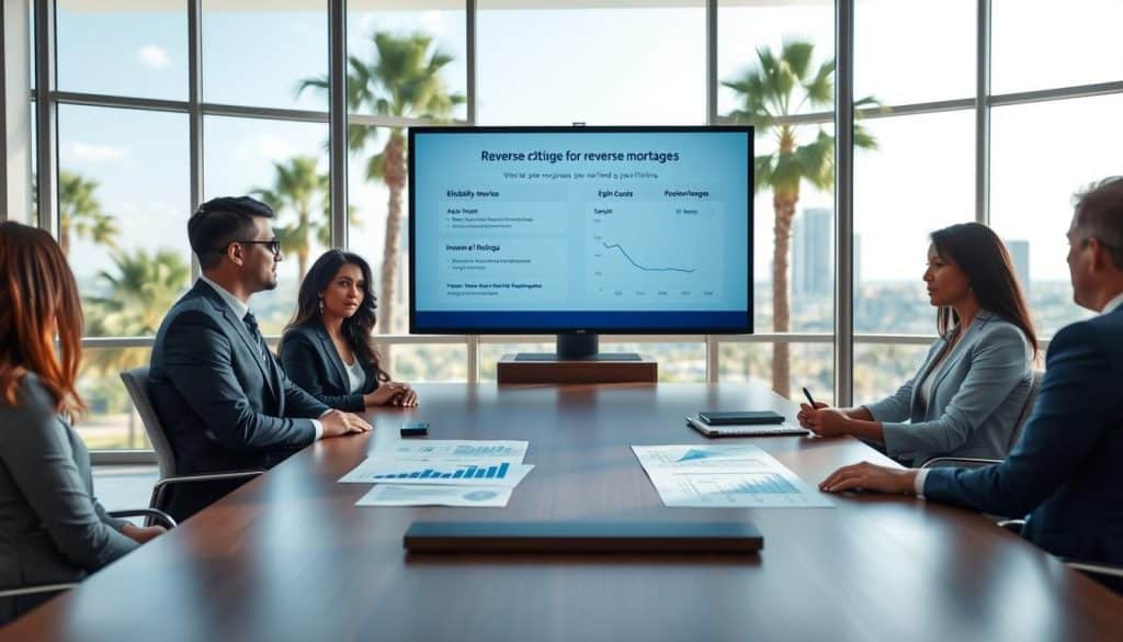 A serene office environment in Jacksonville, Florida, showcasing a well-lit conference room with large windows overlooking palm trees and a sunny sky. In the foreground, a diverse group of three professionals in business attire is gathered around a sleek wooden table, reviewing documents that include graphs and eligibility criteria for reverse mortgages. The middle ground features a digital presentation on a flat-screen monitor displaying key points about age, home equity, and income requirements. Soft, natural lighting filters in through the windows, creating a warm and inviting atmosphere. The background shows a blurred view of a modern cityscape, emphasizing a feeling of progress and opportunity. Capture this scene from a slightly elevated angle to convey inclusivity and collaboration, with an overall mood of professionalism and hopefulness.