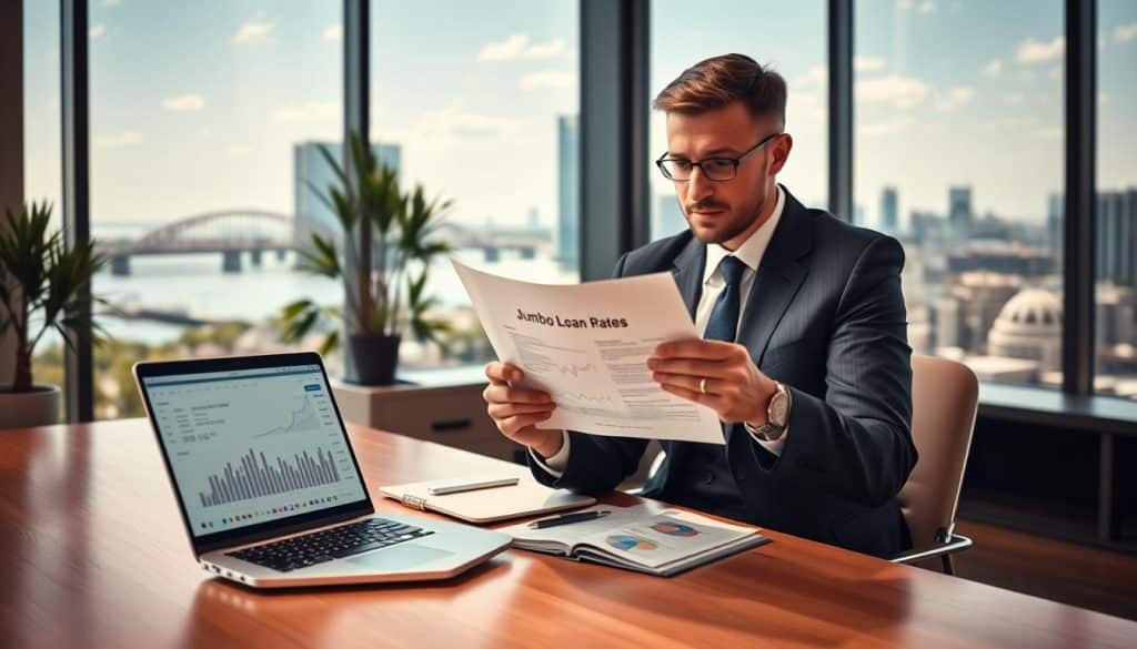 A serene office setting focused on finance and real estate, featuring a modern desk with a sleek laptop displaying financial graphs and data related to interest rates. In the foreground, a professional business person, dressed in a tailored suit, is reviewing a document labeled "Jumbo Loan Rates" with a thoughtful expression. The middle ground includes a potted plant and a large window with natural light pouring in, giving a warm and inviting atmosphere. In the background, a cityscape of Jacksonville, FL can be seen, with recognizable landmarks like the iconic bridges and skyline. The lighting is bright and inviting, creating a motivational and professional mood, highlighting the importance of securing the best rates for jumbo loans.