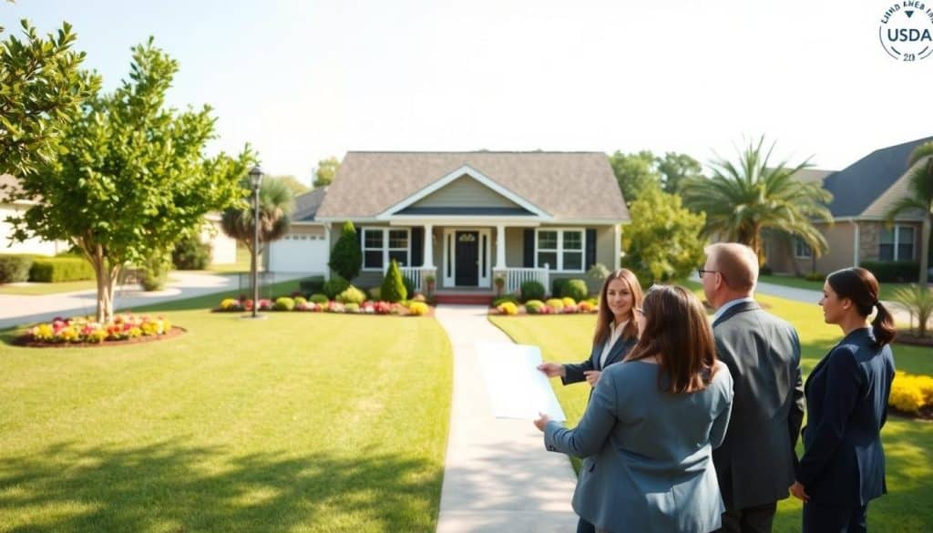 A serene suburban setting in Jacksonville, FL, during a bright sunny day. In the foreground, a diverse group of professional individuals, dressed in smart business attire, are discussing a home plan around a well-manicured lawn, with a charming single-family home in the background showcasing USDA-approved features. The middle ground features a well-maintained pathway leading to the house, signifying accessibility and community. Lush green trees and colorful flower beds frame the scene, creating a welcoming atmosphere that represents the benefits of USDA loans for both first-time and repeat buyers. Soft, warm lighting enhances the inviting mood of the image, while a slightly angled view captures the essence of the neighborhood’s appeal.