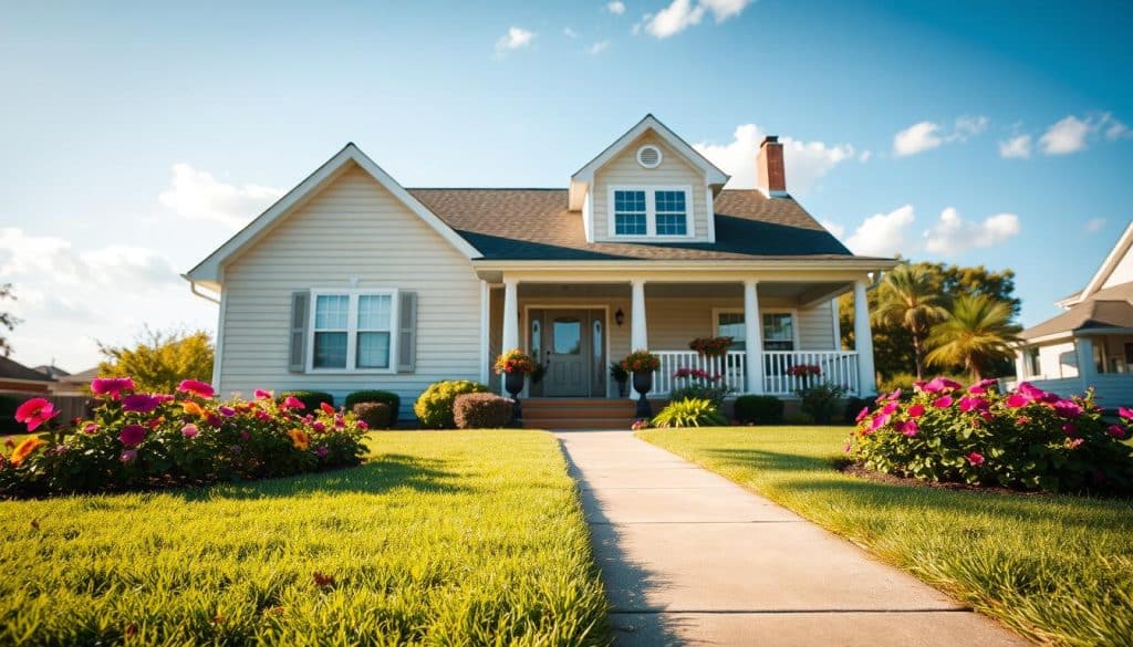 A serene suburban setting showcasing a well-maintained single-family home. In the foreground, a manicured lawn with vibrant flowers and a welcoming pathway leading to the front door. In the middle ground, the house features a classic American architectural style with a fresh coat of paint, large windows, and a cozy front porch adorned with potted plants. In the background, a clear blue sky with soft, fluffy clouds enhances the tranquil atmosphere. The lighting is warm and bright, suggesting a sunny day, captured with a slight tilt-angle perspective to draw the viewer's eye toward the property elegantly. The image conveys a sense of stability and comfort, reflecting ideal property standards under HUD guidelines.