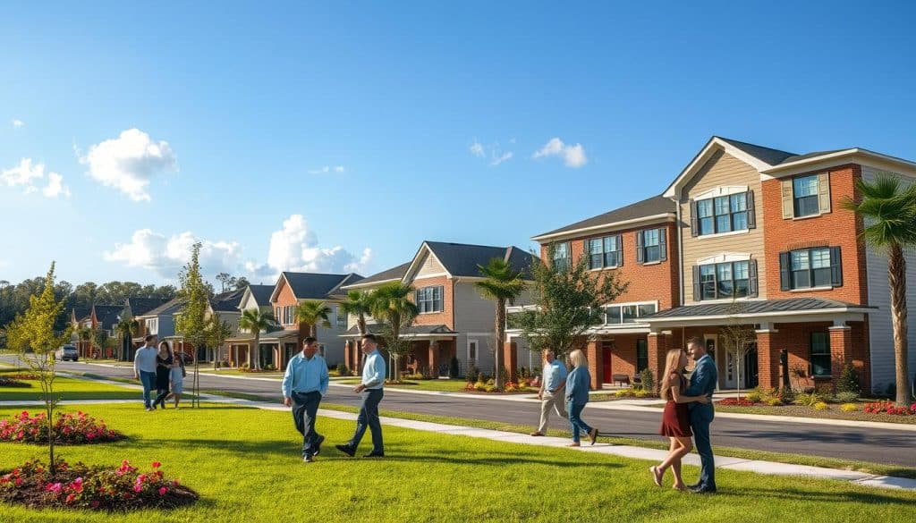 A suburban neighborhood in North Florida showcasing modern housing urban development. In the foreground, there are well-kept lawns with flowering plants and small trees, while families dressed in professional business attire engage in conversation. In the middle ground, contemporary two-story homes line a tree-lined street, featuring a mix of brick and stucco facades, large windows, and inviting porches. The background features a clear blue sky with a few fluffy clouds and hints of distant palm trees, reflecting the warm, sunny climate of Jacksonville. The lighting should be bright and natural, casting soft shadows to enhance the inviting atmosphere. Capture the essence of community living with a focus on growth and stability.