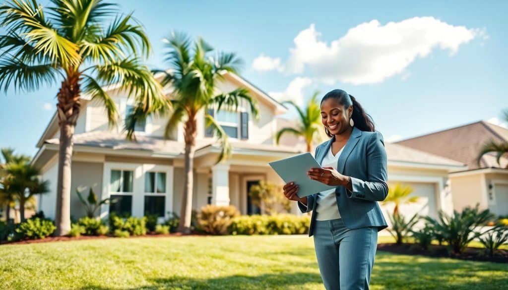 A sunny Florida landscape, featuring a modern suburban home with a well-kept lawn and palm trees in the foreground. In the middle ground, a diverse couple in professional attire reviews mortgage paperwork, smiling and discussing together, symbolizing trust and guidance in pursuing a USDA loan. The background showcases a clear blue sky with a few fluffy clouds, enhancing the optimistic atmosphere. Soft, natural lighting emphasizes the warmth of the scene, creating an inviting and hopeful mood. The angle captures both the couple and the home, conveying a sense of community and opportunity in Florida's housing market.
