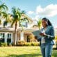 A sunny Florida landscape, featuring a modern suburban home with a well-kept lawn and palm trees in the foreground. In the middle ground, a diverse couple in professional attire reviews mortgage paperwork, smiling and discussing together, symbolizing trust and guidance in pursuing a USDA loan. The background showcases a clear blue sky with a few fluffy clouds, enhancing the optimistic atmosphere. Soft, natural lighting emphasizes the warmth of the scene, creating an inviting and hopeful mood. The angle captures both the couple and the home, conveying a sense of community and opportunity in Florida's housing market. - how many va loans can you have