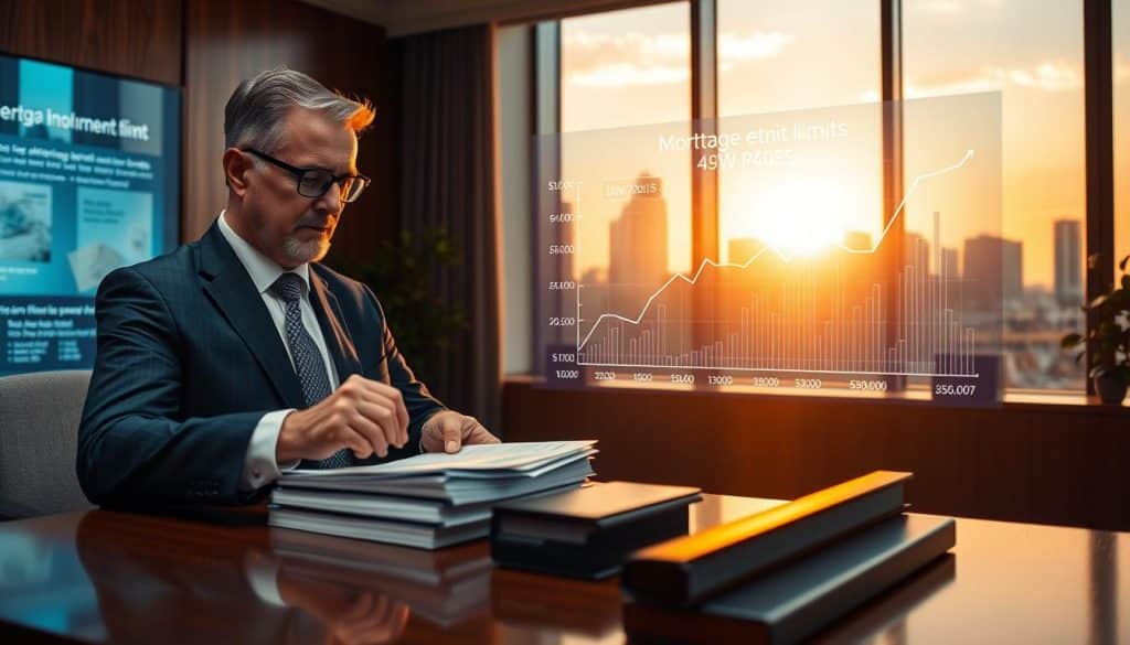 A visual representation of VA loan entitlement limits, showcasing a serene office environment. In the foreground, a professional, middle-aged man in a navy suit examines a stack of mortgage documents on a polished wooden desk, conveying focus and determination. The middle ground features a large futuristic digital screen displaying a graph with fluctuating loan limits and rising values, symbolizing growth and potential. In the background, tall windows reveal a city skyline during golden hour, the soft glow of the setting sun casting warm light across the room, creating an inviting atmosphere. The overall mood is professional and optimistic, encouraging the viewer to explore financial possibilities.
