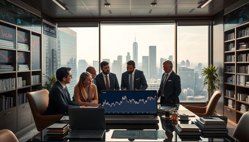 A visually compelling representation of "treasury yields," featuring a background of stock market charts and economic data visualizations. In the foreground, an elegant office environment showcases a diverse group of business professionals in smart attire, engaged in discussion around a table with graphs and a laptop displaying a fluctuating line chart representing 10-year Treasury yields. The middle ground includes shelves with financial books and a large window revealing a city skyline bathed in soft, natural light. The overall atmosphere is one of focused analysis and forward-thinking, designed to evoke a sense of urgency and importance in understanding the connection between treasury yields and mortgage rates. The angle should be slightly elevated to capture both the in-depth discussion and the financial data on display.