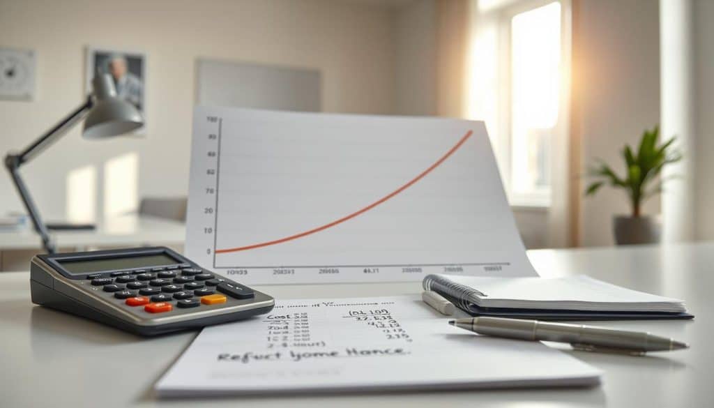 A visually engaging illustration of a break-even point concept in a financial context. Foreground: a large, well-designed graph on a clean, modern desk, featuring a prominent break-even line intersecting with cost and revenue curves. Middle ground: a calculator, notepad, and a pen lying on the desk, showing calculations and notes related to refinancing a home loan. Background: a bright office environment with soft natural light streaming through a window, filling the space with warmth. The atmosphere should be professional yet approachable, conveying a sense of clarity and focus on financial decision-making. The perspective should be slightly angled from above, capturing the dynamic between the desk items and the graph effectively.