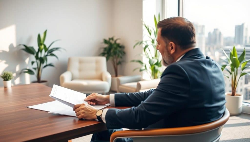 A welcoming office environment showcasing a professional lender assisting a client with mortgage refinancing. In the foreground, a middle-aged man in business attire, seated at a sleek wooden desk, reviews documents with a friendly expression. The middle ground features a modern office with a comfortable armchair and houseplants, evoking a sense of warmth and trust. The background shows a large window with soft, natural light flooding in, revealing a view of Jacksonville's skyline. The atmosphere is inviting and professional, reflecting reliability and expertise in financial services. The lighting is bright yet soft, emphasizing the positive interaction between the lender and client, capturing the essence of a supportive lending experience.