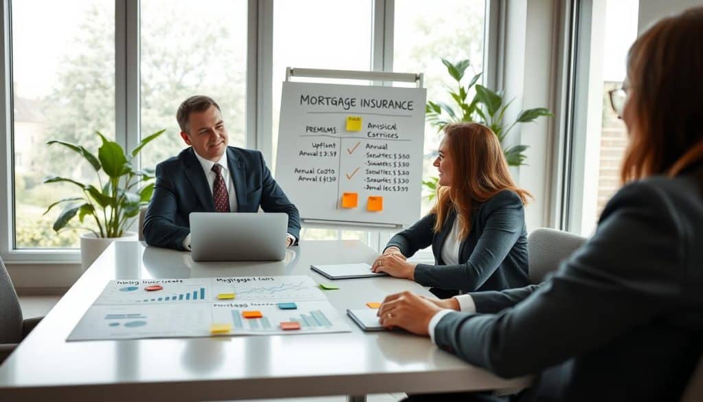 A welcoming office environment showcasing a professional meeting scenario related to mortgage insurance. In the foreground, a confident financial advisor in smart business attire explains mortgage insurance premiums to a couple seated at a modern conference table, with graphs and charts displayed on a laptop screen. In the middle ground, a whiteboard features key points about upfront and annual costs, alongside colored sticky notes highlighting essential data. The background reveals large windows allowing natural light to flood the room, creating an inviting atmosphere. Soft, diffused lighting accentuates the professionalism of the setting, while a camera angle from slightly above adds depth, making the viewer feel part of the discussion. The mood is informative and empowering, showcasing a collaborative and supportive financial consultation.