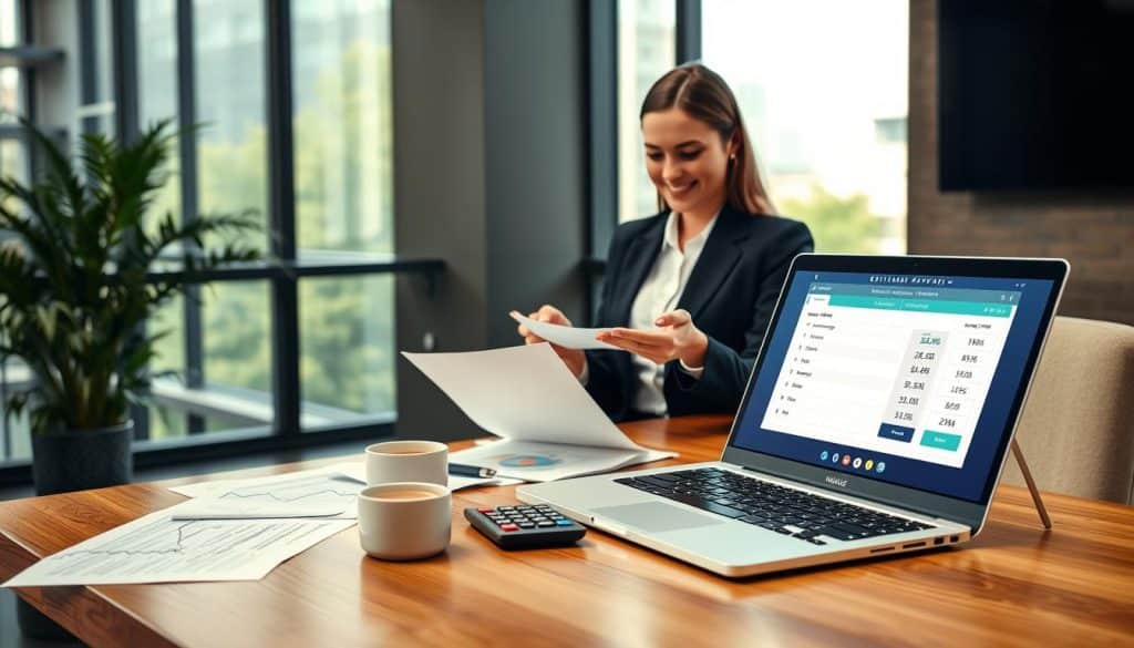 A well-designed modern workspace illustrating the concept of estimating mortgage payments. In the foreground, there is a sleek, wooden desk with a laptop displaying a mortgage calculator interface. Surrounding the laptop, there are financial documents, a calculator, and a cup of coffee. In the middle, a friendly professional woman wearing formal business attire is analyzing figures on the laptop screen, looking engaged and focused. The background features a large window with natural light pouring in, showcasing a cityscape or lush greenery. The mood is informative and inviting, emphasizing clarity and professionalism, with a warm color palette that suggests comfort and stability. The lighting is soft, casting gentle shadows and enhancing the overall atmosphere of a productive work environment. A well-designed modern workspace illustrating the concept of estimating mortgage payments. In the foreground, there is a sleek, wooden desk with a laptop displaying a mortgage calculator interface. Surrounding the laptop, there are financial documents, a calculator, and a cup of coffee. In the middle, a friendly professional woman wearing formal business attire is analyzing figures on the laptop screen, looking engaged and focused. The background features a large window with natural light pouring in, showcasing a cityscape or lush greenery. The mood is informative and inviting, emphasizing clarity and professionalism, with a warm color palette that suggests comfort and stability. The lighting is soft, casting gentle shadows and enhancing the overall atmosphere of a productive work environment.