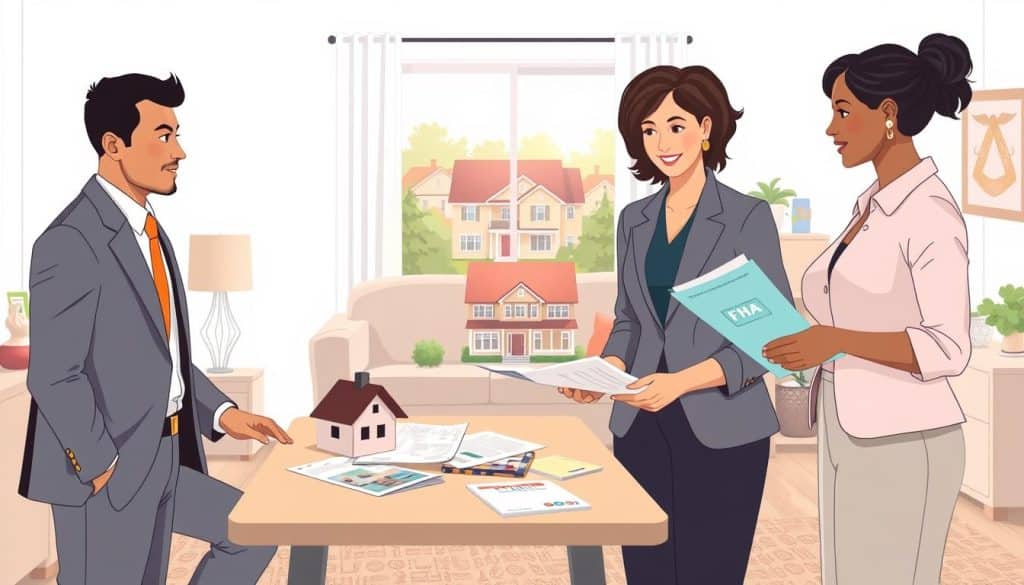 An illustration depicting the essence of the Federal Housing Administration (FHA) and its role in home financing. In the foreground, a diverse group of professionally dressed individuals, including a Latino man in a suit, a Black woman in smart casual attire, and a Caucasian woman, are conversing around a simple table with house plans and financial documents. In the middle ground, a cozy, welcoming living room displays a model house and FHA brochures. The background shows subtle hints of a suburban neighborhood, suggesting affordability and community. Soft, natural lighting floods the scene through a nearby window, creating an inviting atmosphere. The overall mood is optimistic and informative, reflecting the supportive nature of FHA loans for prospective homebuyers.