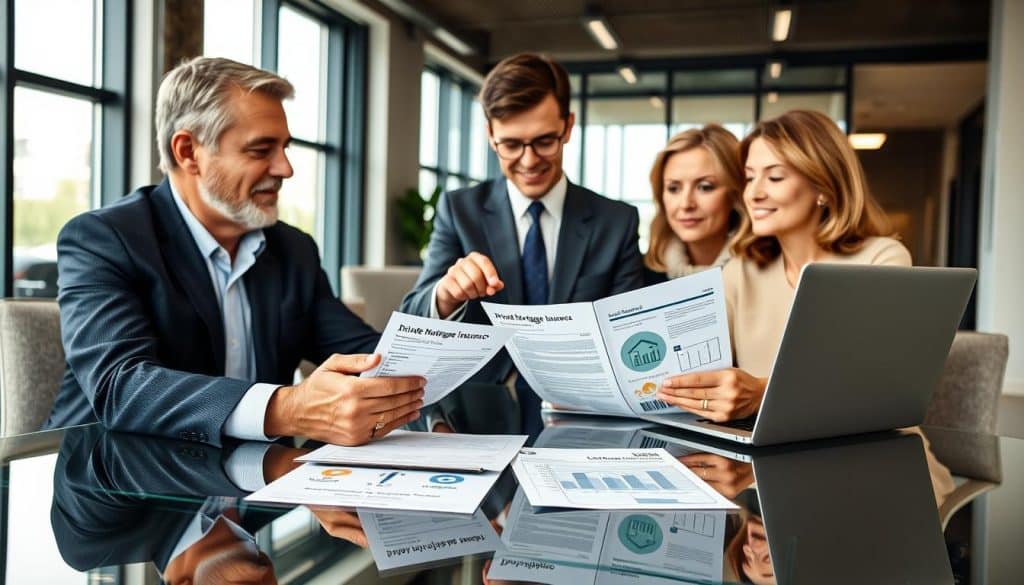 A professional office environment featuring a middle-aged, diverse couple seated at a sleek glass conference table, reviewing a stack of documents related to private mortgage insurance. In the foreground, focus on the couple's hands holding a mortgage application form, showcasing detailed financial figures and graphs. The middle layer should include a financial advisor, dressed in a tailored suit, explaining the terms while pointing at a laptop screen displaying a clear infographic on private mortgage insurance. The background features a modern office interior with large windows letting in soft, natural light, creating a warm and welcoming atmosphere. Use a slightly elevated angle to capture the interaction and the surrounding environment, evoking a sense of professionalism and trust. A professional office environment featuring a middle-aged, diverse couple seated at a sleek glass conference table, reviewing a stack of documents related to private mortgage insurance. In the foreground, focus on the couple's hands holding a mortgage application form, showcasing detailed financial figures and graphs. The middle layer should include a financial advisor, dressed in a tailored suit, explaining the terms while pointing at a laptop screen displaying a clear infographic on private mortgage insurance. The background features a modern office interior with large windows letting in soft, natural light, creating a warm and welcoming atmosphere. Use a slightly elevated angle to capture the interaction and the surrounding environment, evoking a sense of professionalism and trust.