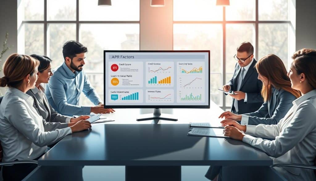 A visually engaging illustration of APR factors influencing home equity loan rates, showcasing a dynamic composition. In the foreground, a diverse group of professionals in business attire are engaged in a discussion around a sleek conference table, analyzing documents and graphs. In the middle, a computer screen displays an overview of key APR factors such as credit score, loan-to-value ratio, and interest rates, depicted with vibrant infographics. The background features a modern office environment with large windows allowing natural light to flood in, creating a bright and optimistic atmosphere. Soft shadows emphasize the details on the conference table. The overall mood is one of collaboration and expertise, highlighting the insights lenders consider when determining home equity rates. A visually engaging illustration of APR factors influencing home equity loan rates, showcasing a dynamic composition. In the foreground, a diverse group of professionals in business attire are engaged in a discussion around a sleek conference table, analyzing documents and graphs. In the middle, a computer screen displays an overview of key APR factors such as credit score, loan-to-value ratio, and interest rates, depicted with vibrant infographics. The background features a modern office environment with large windows allowing natural light to flood in, creating a bright and optimistic atmosphere. Soft shadows emphasize the details on the conference table. The overall mood is one of collaboration and expertise, highlighting the insights lenders consider when determining home equity rates.