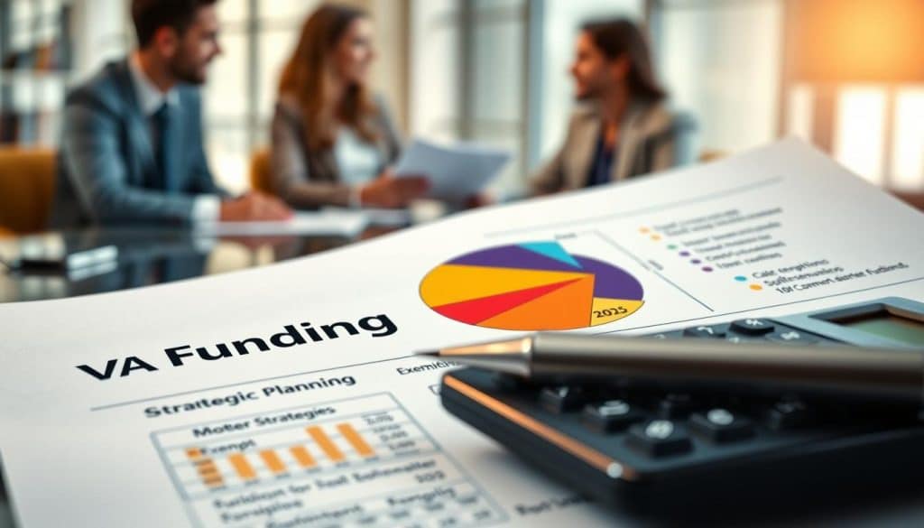 A close-up of a detailed financial document highlighting the "VA Funding Fee," artistically illustrated with vibrant colors. The foreground features a calculator and a pen resting on the document, symbolizing careful calculation and financial planning. In the middle ground, a handsomely designed pie chart showcases the breakdown of costs, with areas labeled for exemptions and strategic planning. In the background, a soft-focus image of a professional consultation setting, with a blurred image of a diverse group of individuals in business attire discussing the document and strategies, creating a sense of collaboration and guidance. The lighting is warm and inviting, conveying a mood of optimism and professionalism, emphasizing the importance of understanding VA Loan fees in 2025. A close-up of a detailed financial document highlighting the "VA Funding Fee," artistically illustrated with vibrant colors. The foreground features a calculator and a pen resting on the document, symbolizing careful calculation and financial planning. In the middle ground, a handsomely designed pie chart showcases the breakdown of costs, with areas labeled for exemptions and strategic planning. In the background, a soft-focus image of a professional consultation setting, with a blurred image of a diverse group of individuals in business attire discussing the document and strategies, creating a sense of collaboration and guidance. The lighting is warm and inviting, conveying a mood of optimism and professionalism, emphasizing the importance of understanding VA Loan fees in 2025.
