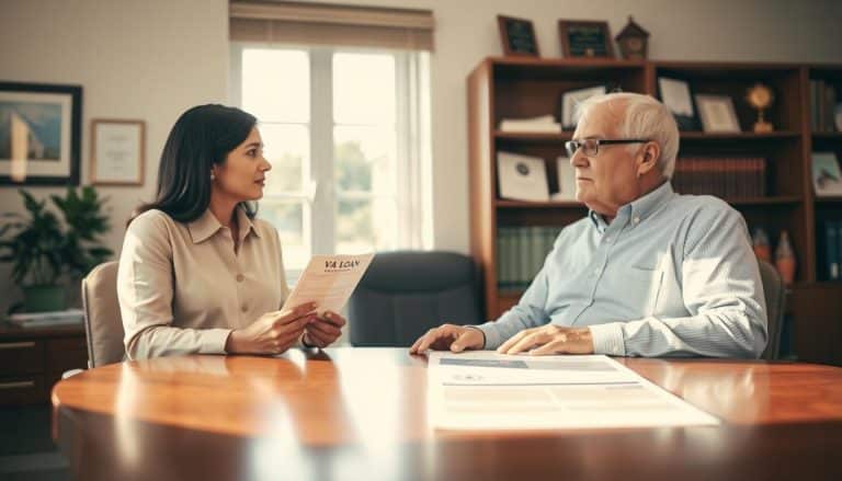 A serene office setting featuring a professional businesswoman in modest attire, discussing VA loan eligibility with an older gentleman, both appearing engaged and thoughtful. The foreground showcases a polished wooden desk with a VA loan pamphlet prominently displayed. In the middle ground, a window reveals a pleasant outdoor scene with soft, natural light streaming in, illuminating the room and creating a welcoming atmosphere. The background includes a bookshelf filled with documents and awards related to veteran services. The overall mood is one of support and guidance, emphasizing the importance of eligibility for surviving spouses. The image uses warm tones for a comforting yet professional feel, focusing on clarity and intimacy in the composition. - va loan closing costs