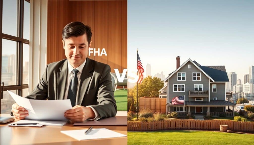 A visually engaging split-image scene illustrating the key differences between FHA and VA loans. In the foreground, depict a professional business consultant, dressed in a tailored suit, analyzing financial documents at a desk. Use warm, natural lighting to create an inviting atmosphere. In the middle ground, show two contrasting visual elements: on one side, a welcoming suburban home representing FHA loans with a gentle, green lawn; on the other side, a distinct military-themed home symbolizing VA loans, featuring elements like an American flag. In the background, subtly blend in a city skyline to portray the housing market context. The overall mood should be informative and professional, emphasizing clarity and guidance. A visually engaging split-image scene illustrating the key differences between FHA and VA loans. In the foreground, depict a professional business consultant, dressed in a tailored suit, analyzing financial documents at a desk. Use warm, natural lighting to create an inviting atmosphere. In the middle ground, show two contrasting visual elements: on one side, a welcoming suburban home representing FHA loans with a gentle, green lawn; on the other side, a distinct military-themed home symbolizing VA loans, featuring elements like an American flag. In the background, subtly blend in a city skyline to portray the housing market context. The overall mood should be informative and professional, emphasizing clarity and guidance.