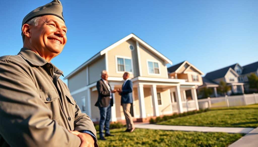 A bright, inviting scene showcasing the concept of a VA loan's advantages. In the foreground, a smiling military veteran in professional attire stands confidently next to a modern home, symbolizing homeownership. In the middle ground, a financial advisor in business attire is discussing loan options with a couple, a clear blue sky overhead. The home is well-lit, highlighting its inviting facade, while in the background, a series of traditional suburban homes represent conventional loans. The lighting is warm and optimistic, creating a hopeful, positive atmosphere. The angle captures both the individuals and the home, emphasizing the VA loan's benefits while contrasting it subtly with conventional options. The overall mood is encouraging and aspirational. A bright, inviting scene showcasing the concept of a VA loan's advantages. In the foreground, a smiling military veteran in professional attire stands confidently next to a modern home, symbolizing homeownership. In the middle ground, a financial advisor in business attire is discussing loan options with a couple, a clear blue sky overhead. The home is well-lit, highlighting its inviting facade, while in the background, a series of traditional suburban homes represent conventional loans. The lighting is warm and optimistic, creating a hopeful, positive atmosphere. The angle captures both the individuals and the home, emphasizing the VA loan's benefits while contrasting it subtly with conventional options. The overall mood is encouraging and aspirational.