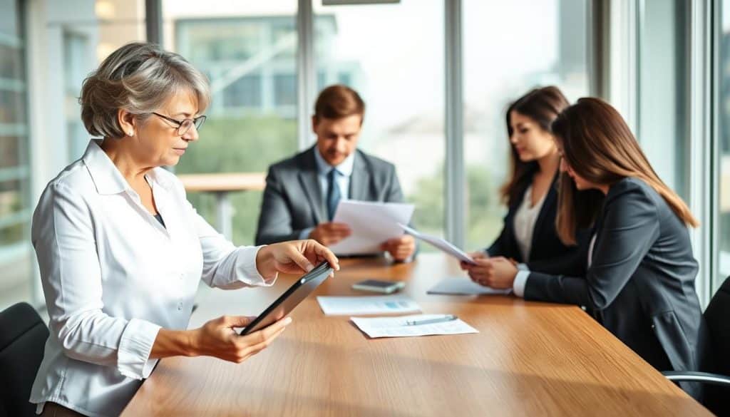 A professional business setting illustrating the concept of eligibility for a VA home loan, featuring a diverse group of individuals in business attire engaged in a discussion around a modern conference table. In the foreground, a middle-aged woman pointing to a checklist on her tablet, symbolizing eligibility criteria. In the middle, a young man in a suit reviews financial documents with a serious expression, while a woman takes notes. The background showcases a well-lit office environment with large windows, allowing natural light to fill the space, reflecting trust and professionalism. The mood is focused and collaborative, emphasizing teamwork and financial literacy, with soft shadows enhancing the sense of depth and clarity. A professional business setting illustrating the concept of eligibility for a VA home loan, featuring a diverse group of individuals in business attire engaged in a discussion around a modern conference table. In the foreground, a middle-aged woman pointing to a checklist on her tablet, symbolizing eligibility criteria. In the middle, a young man in a suit reviews financial documents with a serious expression, while a woman takes notes. The background showcases a well-lit office environment with large windows, allowing natural light to fill the space, reflecting trust and professionalism. The mood is focused and collaborative, emphasizing teamwork and financial literacy, with soft shadows enhancing the sense of depth and clarity.