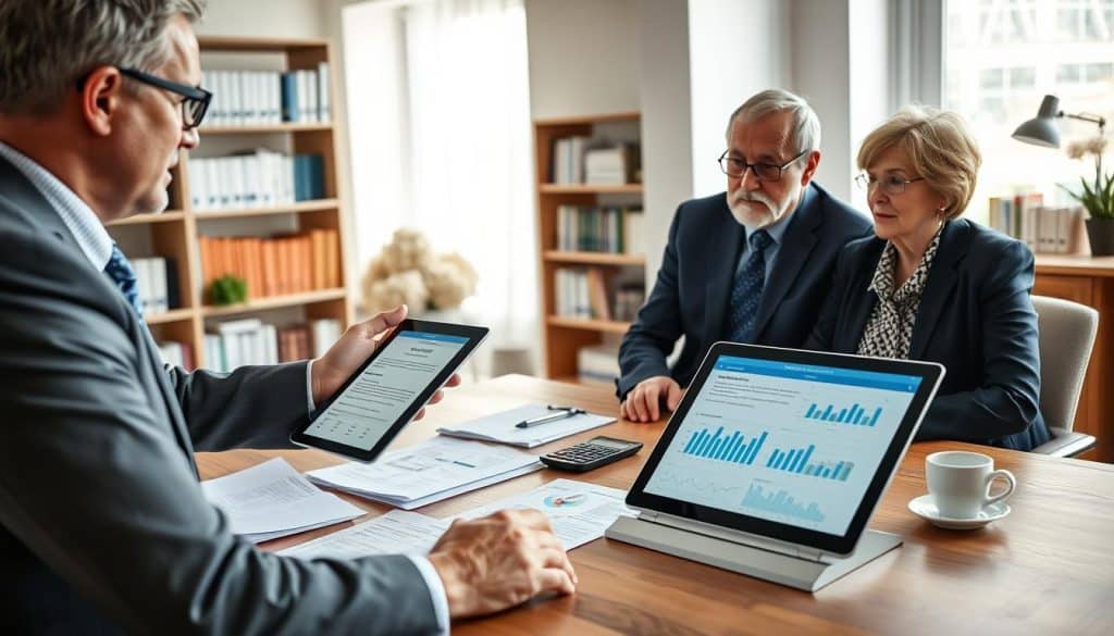 A professional financial advisor explaining reverse mortgage requirements to a senior couple in a well-lit office setting. The foreground features the advisor, a middle-aged man in a business suit, gesturing towards a modern tablet displaying graphical data and notes. The couple, an elderly man and woman dressed in professional casual attire, listen attentively, showcasing expressions of curiosity and engagement. In the middle, a large wooden desk cluttered with papers, a calculator, and a coffee cup adds realism. The background includes a bookshelf filled with finance books and a window letting in soft natural light, creating a warm, inviting atmosphere. The overall mood is informative and supportive, promoting trust and clarity in financial discussions. A professional financial advisor explaining reverse mortgage requirements to a senior couple in a well-lit office setting. The foreground features the advisor, a middle-aged man in a business suit, gesturing towards a modern tablet displaying graphical data and notes. The couple, an elderly man and woman dressed in professional casual attire, listen attentively, showcasing expressions of curiosity and engagement. In the middle, a large wooden desk cluttered with papers, a calculator, and a coffee cup adds realism. The background includes a bookshelf filled with finance books and a window letting in soft natural light, creating a warm, inviting atmosphere. The overall mood is informative and supportive, promoting trust and clarity in financial discussions.
