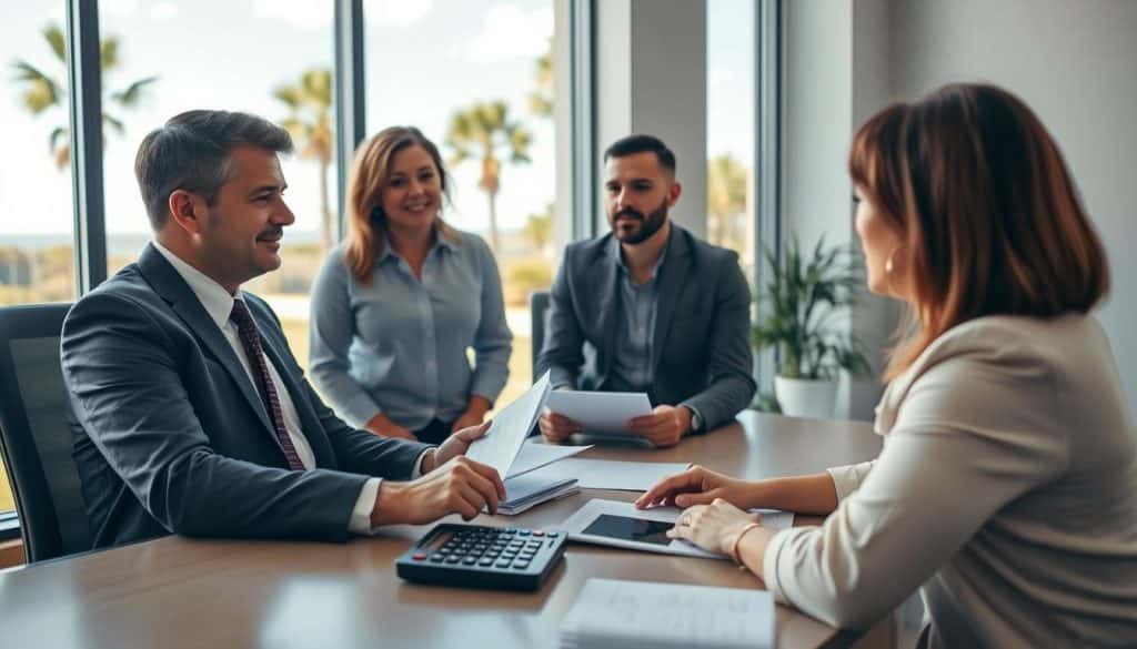 A well-designed office setting focusing on a home equity line concept. In the foreground, a confident financial advisor in professional attire, gesturing towards a clear digital screen displaying rising equity line graphs with positive trends. In the middle ground, a family of three, dressed casually yet smartly, reviewing paperwork and smiling, indicating satisfaction and trust. The background features elegant office décor with plants and large windows allowing natural light to flood the space. The color palette is warm and inviting, creating a sense of security and professionalism. Soft lighting enhances the ambiance, while a slight depth of field emphasizes the primary subjects. The atmosphere conveys a blend of expertise, warmth, and financial growth, ideal for illustrating the benefits of choosing Elite Lending Service. A professional financial advisor in a business attire is seated at a modern desk, engaging with a couple dressed in smart casual clothing, discussing VA loan assumptions. The couple looks attentive and interested, with documents and a calculator on the table, highlighting the negotiation process. In the background, there is a large window showing a sunny North Florida landscape with palm trees and bright blue skies, evoking a warm and inviting atmosphere. The lighting is soft yet bright, suggesting daytime with natural light pouring in, casting gentle shadows. The focus is sharp on the advisors and the couple, creating an atmosphere of professionalism and trust, perfect for illustrating the concept of loan assumption in the context of VA loans. - what are rates for home equity loan