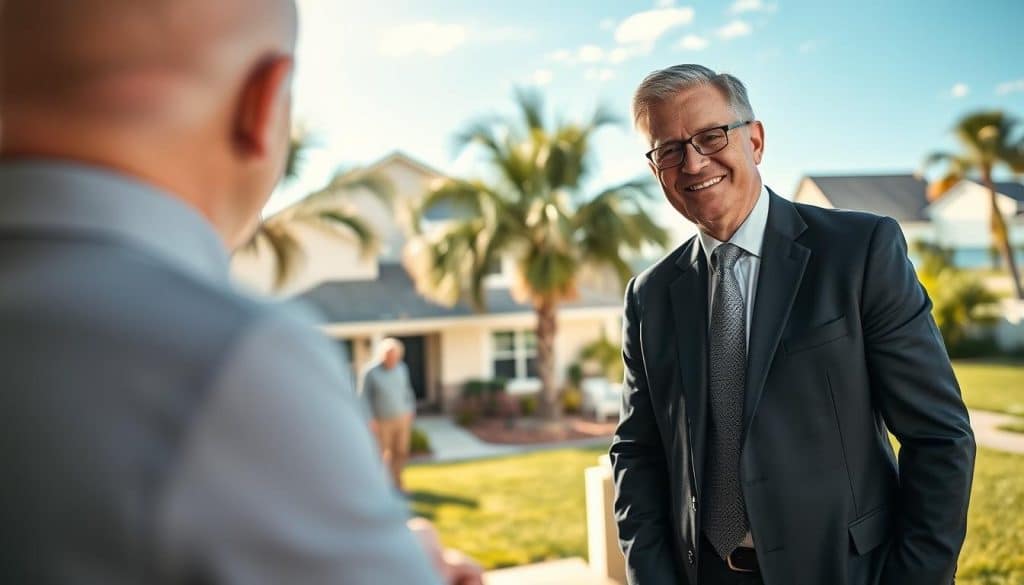 A serene scene of a residential neighborhood in Jacksonville, Florida. In the foreground, a friendly, professional mortgage advisor, dressed in smart business attire, is seen consulting with an elderly couple in a cozy living room filled with warm light. The middle ground features a classic Jacksonville home with palm trees and lush greenery, symbolizing retirement and financial stability. The background showcases a bright blue sky and hints of distant waterways typical of North Florida. The composition emphasizes trust and professionalism, with soft, natural lighting enhancing the inviting atmosphere. The overall mood is calm and informative, capturing the essence of reverse mortgages in a relatable way. - how does a reverse mortgage work
