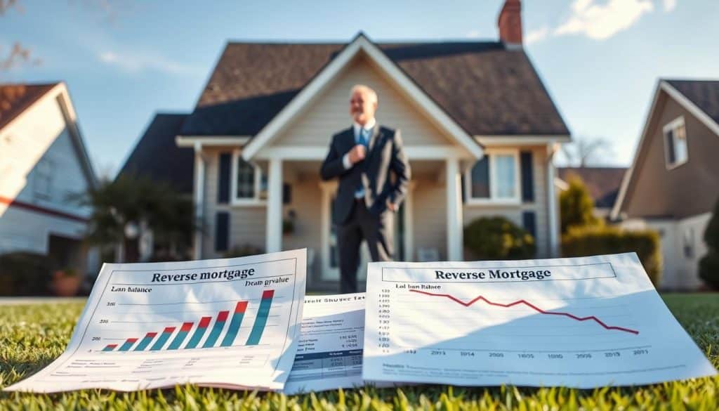 A detailed visualization of a house's facade with financial documents spread across the foreground, illustrating the concept of a reverse mortgage loan balance. The documents feature charts and graphs depicting a growing loan balance juxtaposed to a declining home value. In the middle, a homeowner in professional business attire stands thoughtfully, looking at the documents, symbolizing concern over financial decisions. The background showcases a suburban neighborhood with a clear blue sky, representing stability and normalcy. Soft, natural sunlight filters through the scene, casting gentle shadows that enhance the mood of contemplation and caution. Use a wide-angle lens for depth, capturing the interplay between the personal and financial aspects of homeownership. A detailed visualization of a house's facade with financial documents spread across the foreground, illustrating the concept of a reverse mortgage loan balance. The documents feature charts and graphs depicting a growing loan balance juxtaposed to a declining home value. In the middle, a homeowner in professional business attire stands thoughtfully, looking at the documents, symbolizing concern over financial decisions. The background showcases a suburban neighborhood with a clear blue sky, representing stability and normalcy. Soft, natural sunlight filters through the scene, casting gentle shadows that enhance the mood of contemplation and caution. Use a wide-angle lens for depth, capturing the interplay between the personal and financial aspects of homeownership.