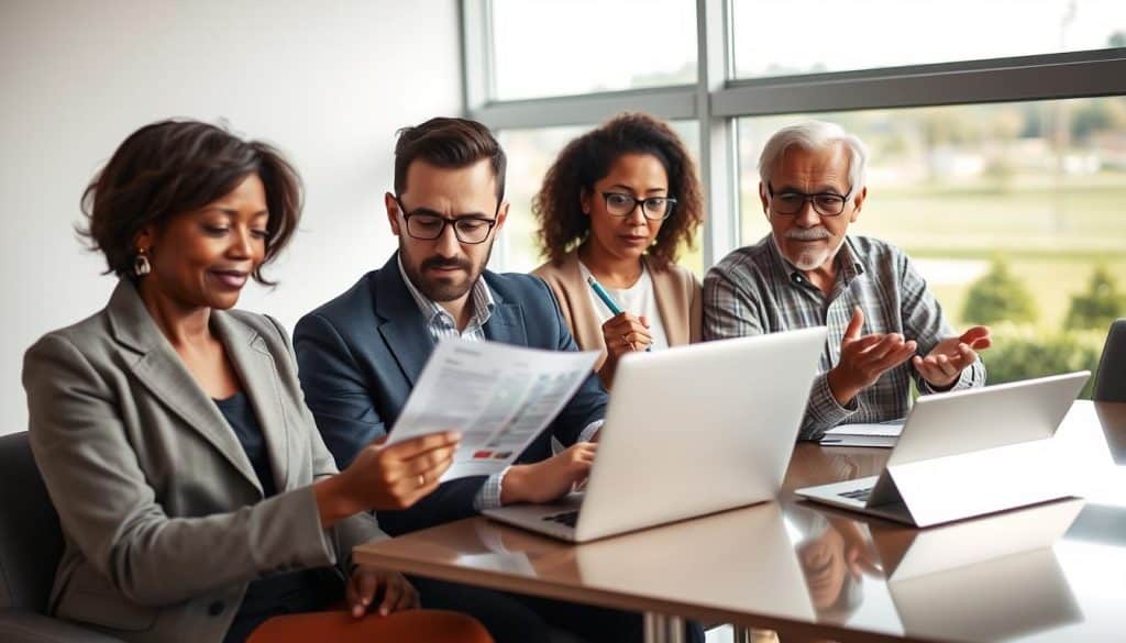 A detailed illustration showcasing various types of conventional loans. In the foreground, professionally dressed individuals are engaged in a discussion around a table filled with financial documents and charts. In the middle, display icons representing different loan types: fixed-rate mortgage, adjustable-rate mortgage, and conventional conforming loan, creatively integrated into a visual infographic format. The background features a modern office with large windows letting in natural light, casting soft shadows. Use a warm color palette to evoke a trustworthy and professional atmosphere. The image should have a clean, polished look, with clear focus on the financial elements, illustrating the diversity of conventional loan types in a visually appealing manner. A diverse group of four borrowers sitting around a table, discussing options for FHA and USDA loans. The foreground features a middle-aged African American woman in a smart blazer, holding a financial document, looking engaged. Beside her, a young Caucasian man in business casual attire, examining a laptop screen. In the middle ground, a Hispanic woman with glasses takes notes on a notepad, while an older Asian man gestures enthusiastically, conveying insights. The background consists of a modern office space with a large window showing a serene suburban landscape. Soft natural light fills the room, creating a professional and collaborative atmosphere, emphasizing thoughtful discussion and decision-making around home financing options. - What is a Conventional Loan