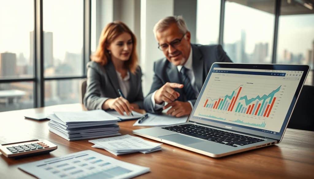 A detailed visual representation of mortgage broker fees. In the foreground, a well-organized desk is set with a professional calculator, a stack of paperwork, and a laptop displaying financial graphs. In the middle ground, a female mortgage broker in a smart business suit consults a client, a middle-aged man in a tie, pointing at the laptop screen with a look of attentiveness. In the background, a modern office setting with large windows letting in soft natural light, highlighting a city skyline. The atmosphere conveys professionalism and trust, with a subtle focus on the importance of understanding costs in mortgage services. Use soft, warm lighting to create an inviting feel, and shoot from a slightly elevated angle for depth. A detailed visual representation of mortgage broker fees. In the foreground, a well-organized desk is set with a professional calculator, a stack of paperwork, and a laptop displaying financial graphs. In the middle ground, a female mortgage broker in a smart business suit consults a client, a middle-aged man in a tie, pointing at the laptop screen with a look of attentiveness. In the background, a modern office setting with large windows letting in soft natural light, highlighting a city skyline. The atmosphere conveys professionalism and trust, with a subtle focus on the importance of understanding costs in mortgage services. Use soft, warm lighting to create an inviting feel, and shoot from a slightly elevated angle for depth.
