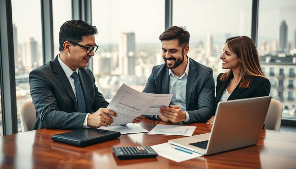 A professional financial advisor in a smart business suit, attentively discussing home loan options with a couple in a modern office setting. The foreground features a polished wooden desk with mortgage documents, a calculator, and a laptop displaying graphs of interest rates. In the middle, the advisor, a middle-aged man with short black hair and glasses, gestures towards a document while the couple, a young man and woman, nod in understanding, both dressed in business casual attire. The background showcases a large window with natural light flooding the room, revealing a vibrant cityscape. The mood is optimistic and focused, emphasizing trust and collaboration in the mortgage process. Soft, warm lighting creates an inviting atmosphere. A professional financial advisor in a smart business suit, attentively discussing home loan options with a couple in a modern office setting. The foreground features a polished wooden desk with mortgage documents, a calculator, and a laptop displaying graphs of interest rates. In the middle, the advisor, a middle-aged man with short black hair and glasses, gestures towards a document while the couple, a young man and woman, nod in understanding, both dressed in business casual attire. The background showcases a large window with natural light flooding the room, revealing a vibrant cityscape. The mood is optimistic and focused, emphasizing trust and collaboration in the mortgage process. Soft, warm lighting creates an inviting atmosphere.