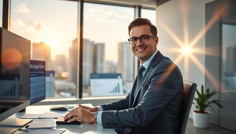 A professional real estate broker in a modern office setting, seated at a sleek desk, reviewing digital screens displaying local mortgage rates for Jacksonville and North Florida. In the foreground, the broker, dressed in a smart business suit, focuses intently on the screens, with a confident and friendly demeanor. The middle ground features a large window showing a sunny day with urban Jacksonville in view—skyscrapers and palm trees illuminated by warm sunlight. In the background, soft bokeh blurs various finance-related documents and a potted plant, adding a touch of greenery. The atmosphere is bright and professional, conveying trust and expertise in the mortgage industry, with a lens flare effect to enhance the uplifting mood. - conventional home loans