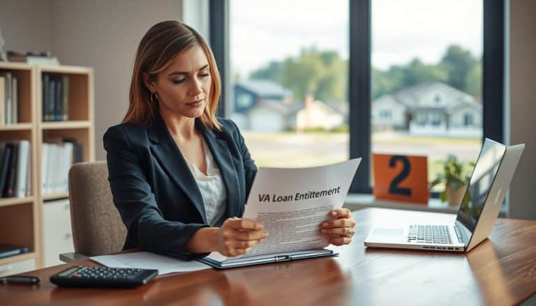 A serene office environment that symbolizes the concept of "remaining entitlement" in the context of VA loans. In the foreground, a professional woman dressed in business attire examines a document titled "VA Loan Entitlement" on a sleek wooden desk, surrounded by calculating tools like a calculator and a laptop. In the middle ground, a window shows a tranquil suburban landscape with a few houses, representing homeownership. The background features a soft, blurred image of an office bookshelf filled with books on real estate and finance. Lighting is soft and warm, creating a hopeful atmosphere. The focus should be on the woman’s thoughtful expression as she reflects on the implications of foreclosure, short sale, and loan assumptions. A shallow depth of field enhances the professional and contemplative mood of the scene. - what home loan do i qualify for