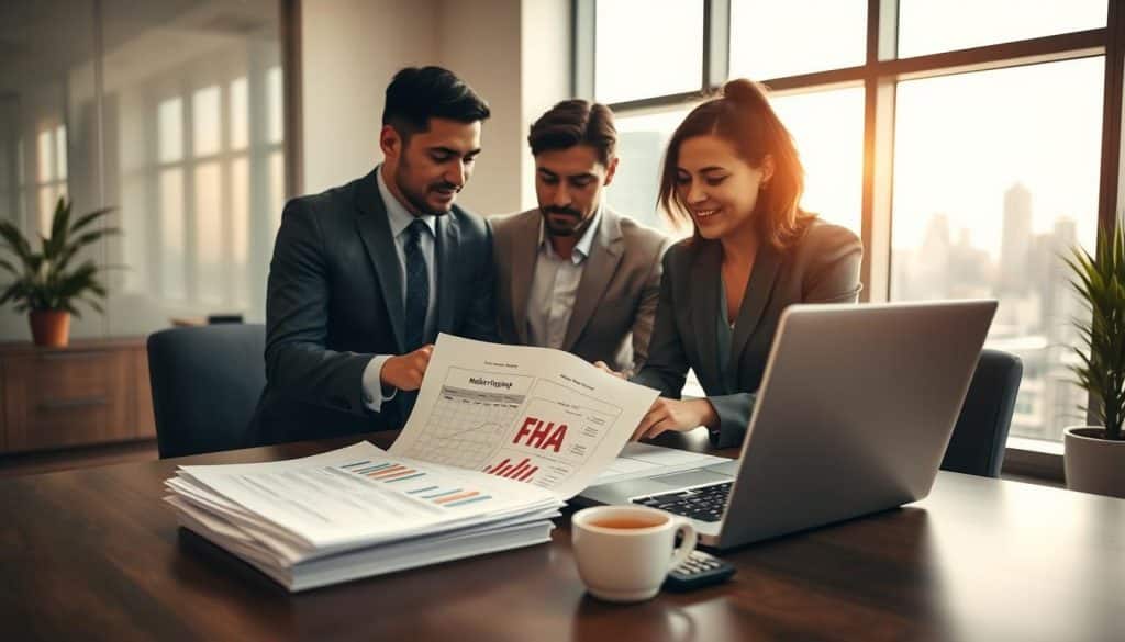 A professional and inviting office setting centered around the theme of mortgage assumption. In the foreground, a diverse group of three individuals—two men and one woman—dressed in professional business attire, are engaged in a discussion over a stack of documents, clearly labeled as mortgage paperwork. The middle layer features a large desk with a laptop displaying graphs and charts related to FHA loans, alongside a calculator and cups of coffee. In the background, a large window allows natural light to pour in, illuminating a city skyline. The atmosphere is focused and collaborative, with warm lighting and a slight depth of field to emphasize the people and paperwork, capturing the step-by-step process of assuming an FHA loan engagingly and professionally. A professional and inviting office setting centered around the theme of mortgage assumption. In the foreground, a diverse group of three individuals—two men and one woman—dressed in professional business attire, are engaged in a discussion over a stack of documents, clearly labeled as mortgage paperwork. The middle layer features a large desk with a laptop displaying graphs and charts related to FHA loans, alongside a calculator and cups of coffee. In the background, a large window allows natural light to pour in, illuminating a city skyline. The atmosphere is focused and collaborative, with warm lighting and a slight depth of field to emphasize the people and paperwork, capturing the step-by-step process of assuming an FHA loan engagingly and professionally.