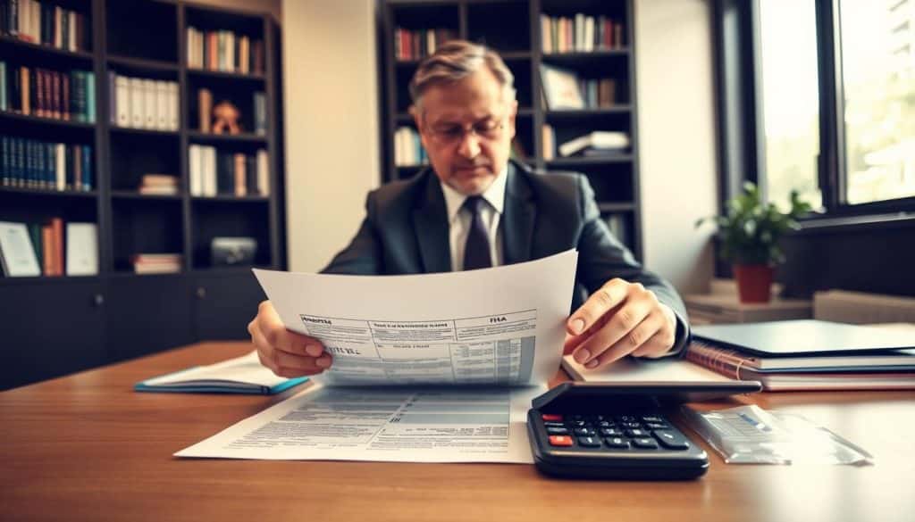 A close-up view of a professional financial advisor seated at a modern desk, reviewing FHA mortgage insurance documents. The foreground features neatly organized papers and a calculator, with the advisor’s hands emphasizing key figures in the report. In the middle, the advisor, a middle-aged person in business attire, appears focused and knowledgeable, looking towards the papers. Soft diffused lighting illuminates the scene, creating a warm and inviting atmosphere. The background showcases a well-appointed office with bookshelves filled with finance-related books and a window revealing a bright day outside. The angle captured is slightly above eye level to provide a comprehensive perspective of the advisor's workspace, evoking a sense of professionalism and trust. - how much does it cost to refinance a home loan - va loan closing costs